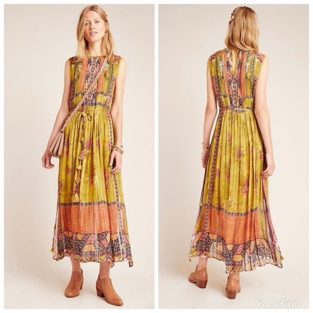 Anthropologie Citron Embroidered Maxi Dress XS